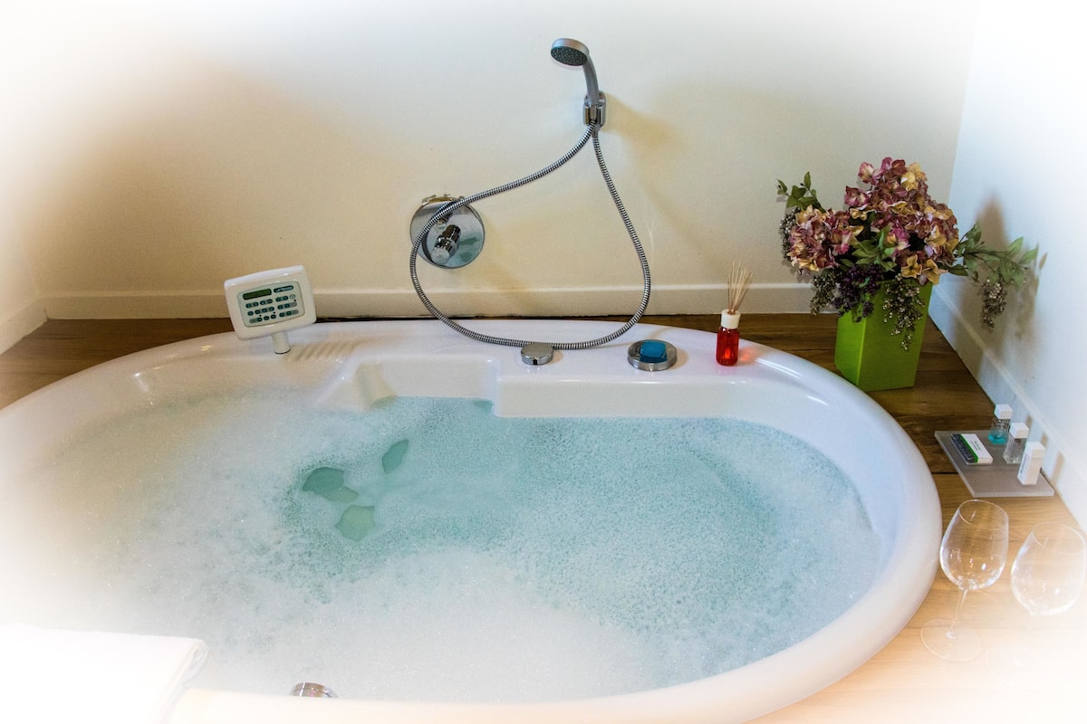 Une baignoire équipée d’un pommeau de douche à main, d’un panneau de commande et d’un vase à fleurs placé sur le côté.