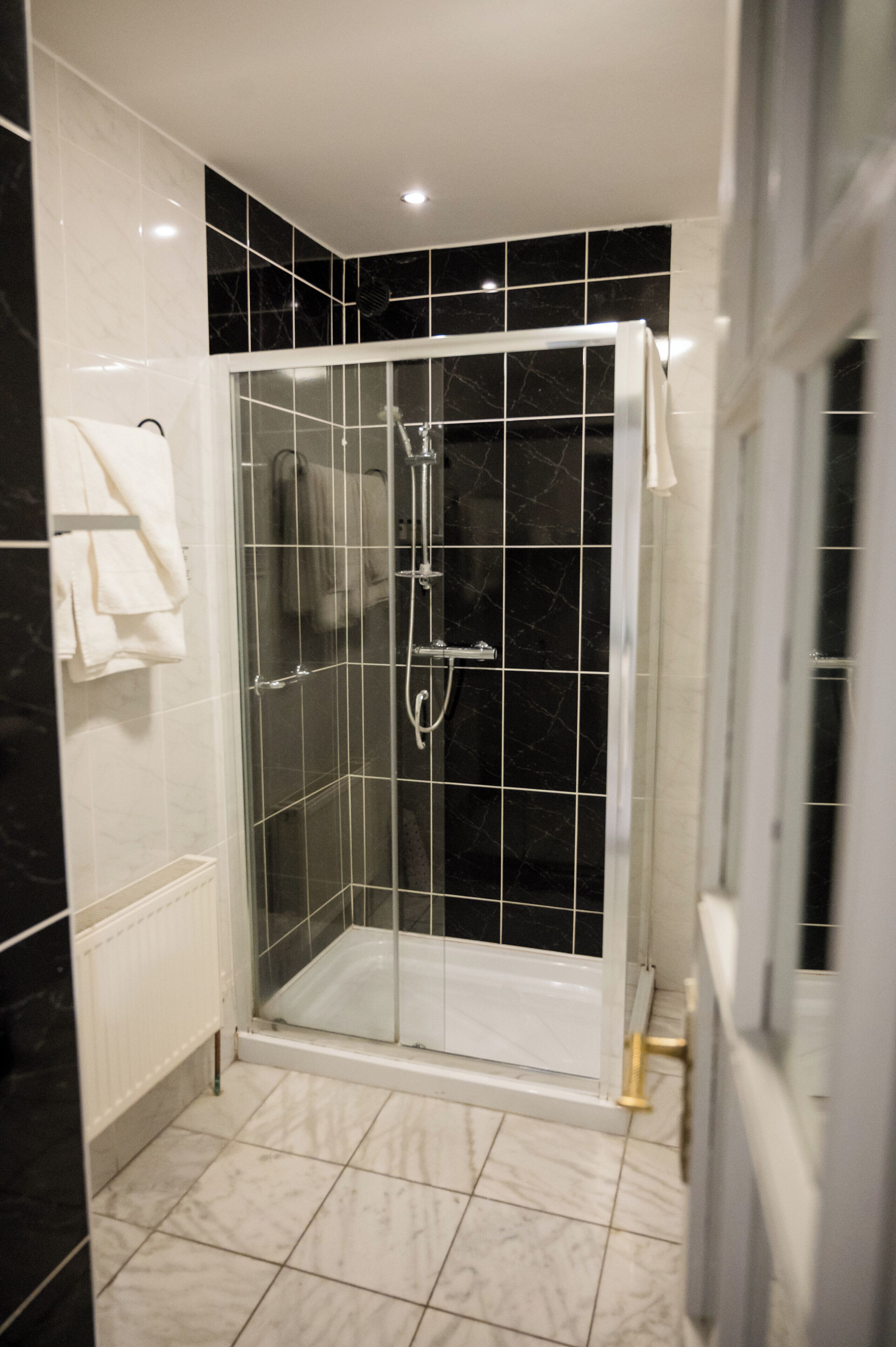 Een moderne douchecabine met een glazen deur, een vloer van witte tegels en een wand met zwarte tegels.