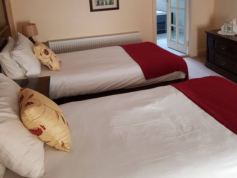 Una habitación de hotel con dos camas, un radiador, una lámpara y un aparador.