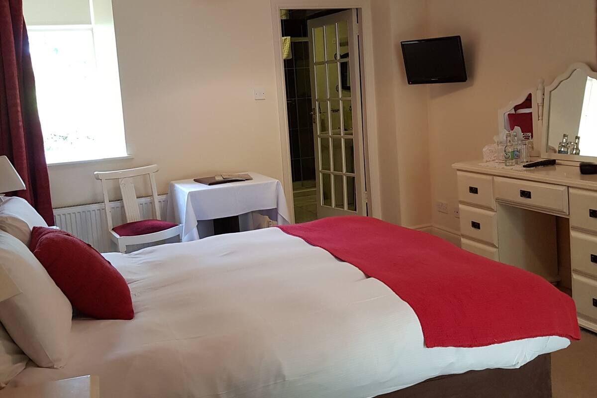 A hotel room with a bed, a desk, a chair, a dresser, and a television.