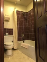 Combined shower/tub, free toiletries, towels