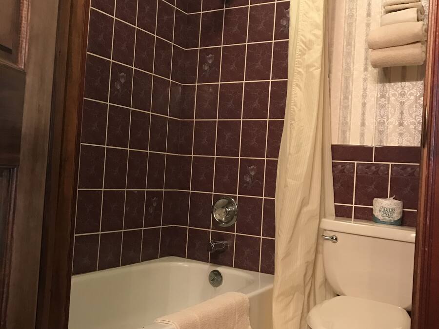 A bathroom with a bathtub, toilet, and shower curtain.