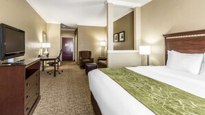 Habitación de hotel con cama, escritorio con televisor, silla y lámpara.