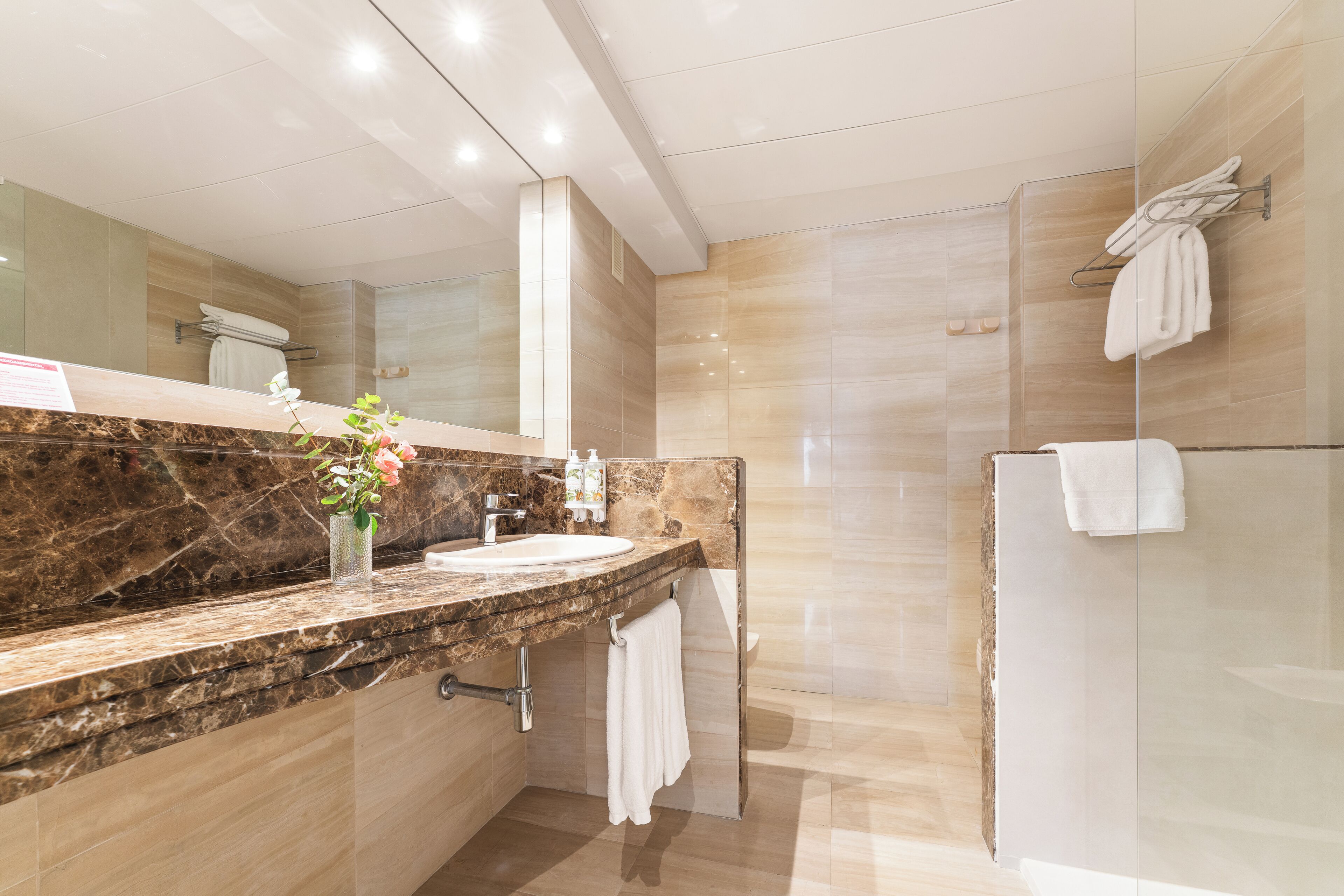 A modern bathroom with a marble countertop, a glass shower enclosure, and a large mirror.
