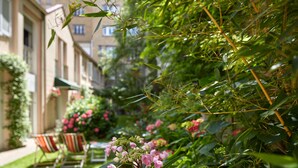 Un jardín con follaje exuberante y flores rosas, una hilera de sillas a rayas, y un edificio con balcones al fondo.