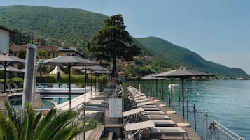 Seasonal outdoor pool, pool umbrellas, pool loungers