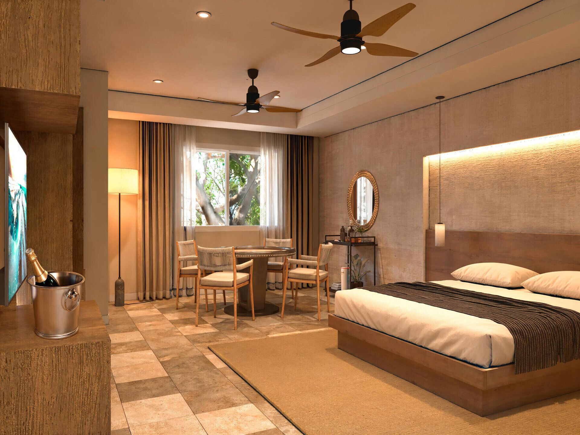 Ropa de cama de alta calidad y caja de seguridad en la habitación 