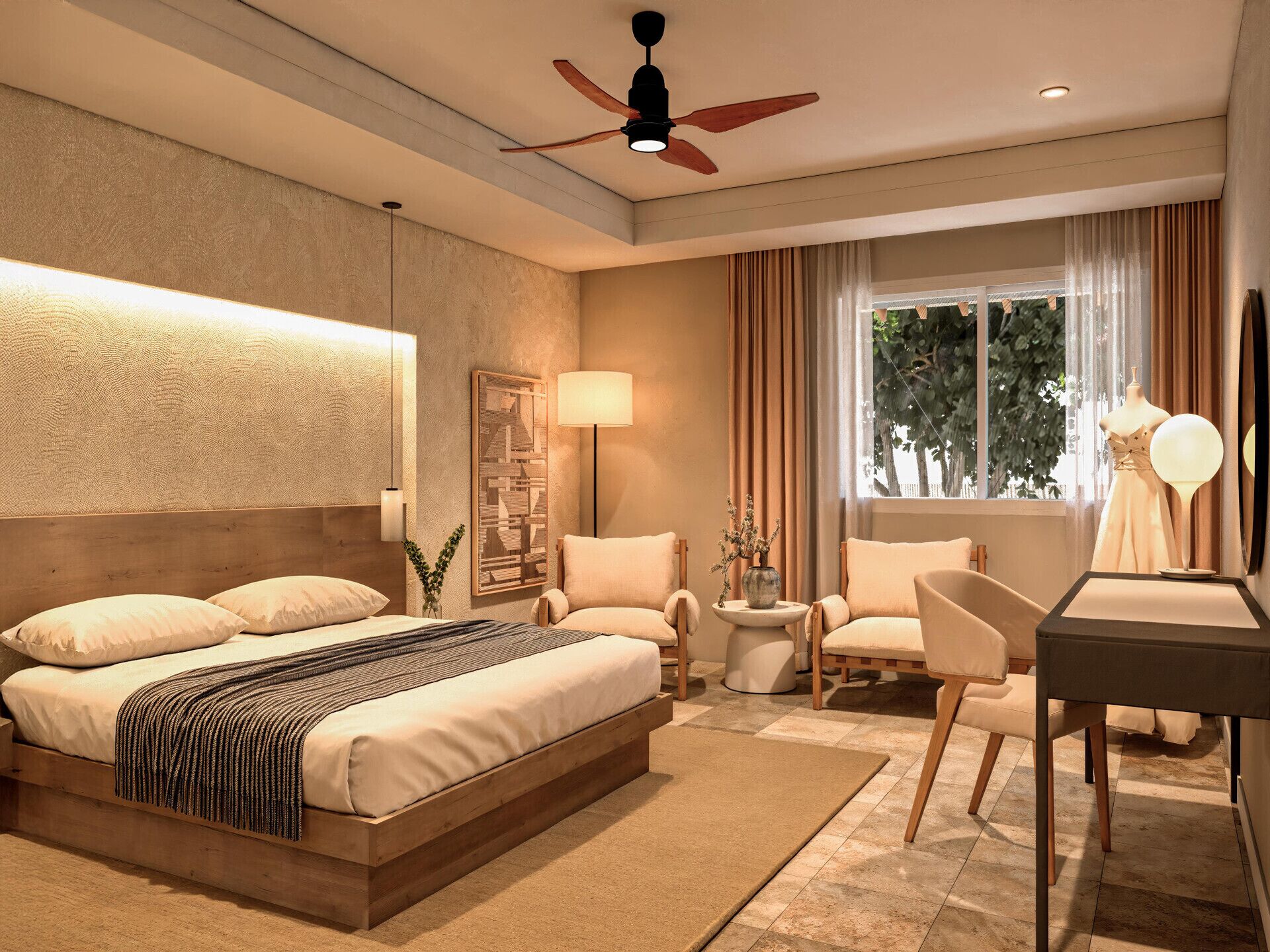 Ropa de cama de alta calidad y caja de seguridad en la habitación 