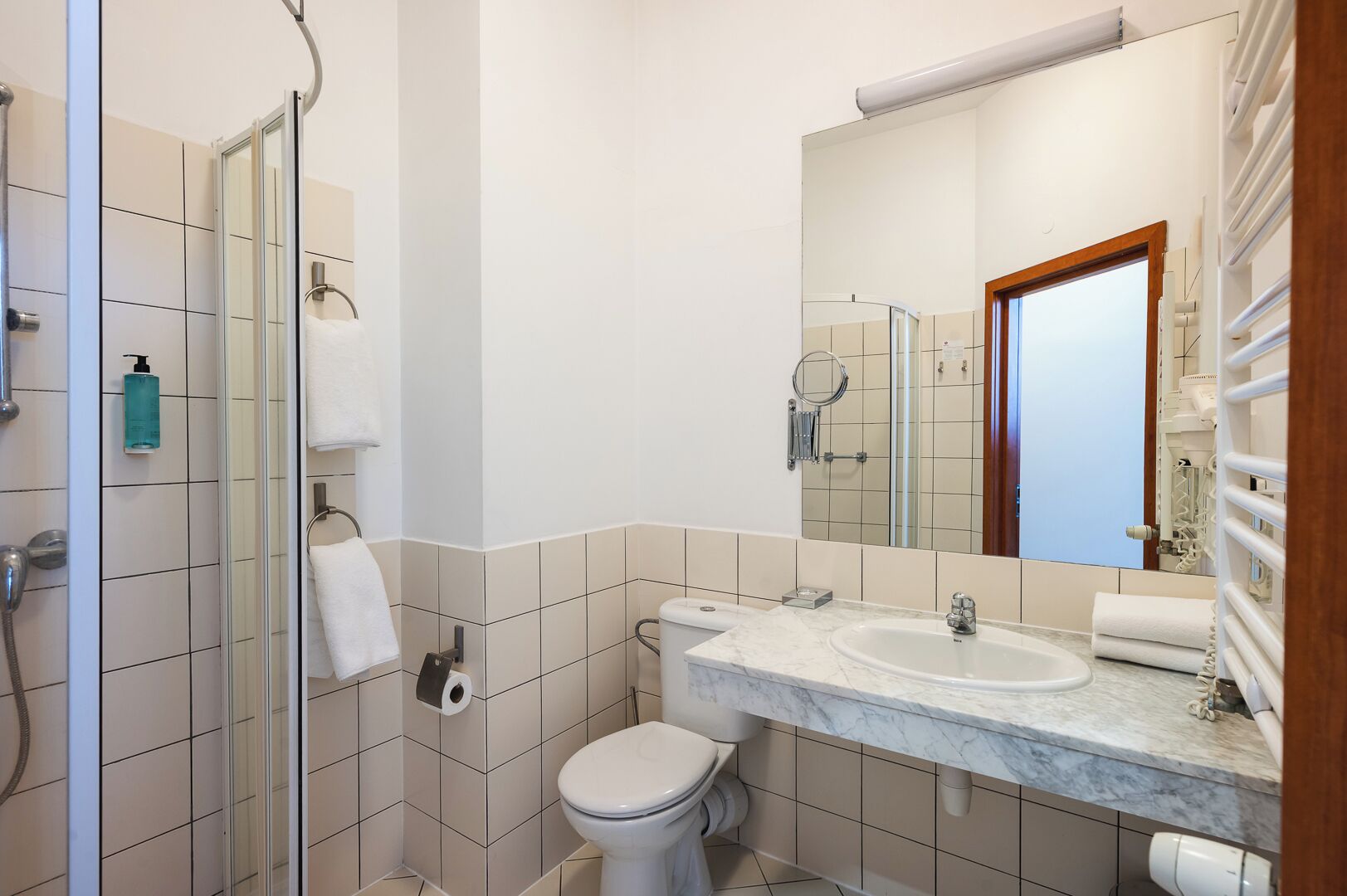 Shower, free toiletries, hair dryer, towels