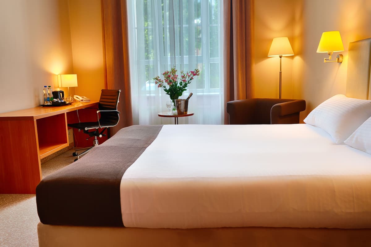 Tek Büyük Yataklı Oda | 1 yatak odası, masa, dizüstü bilgisayar çalışma alanı, ütü/ütü masası