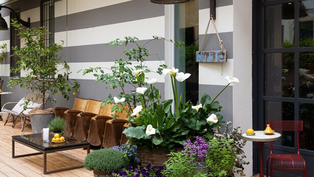 Une terrasse en bois avec des meubles d’extérieur, des plantes en pot et une lampe suspendue.