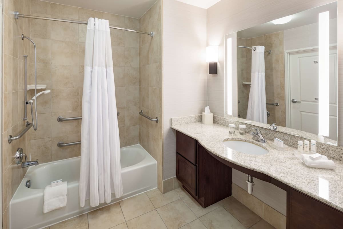 combined shower/bathtub, free toiletries, hair dryer, towels