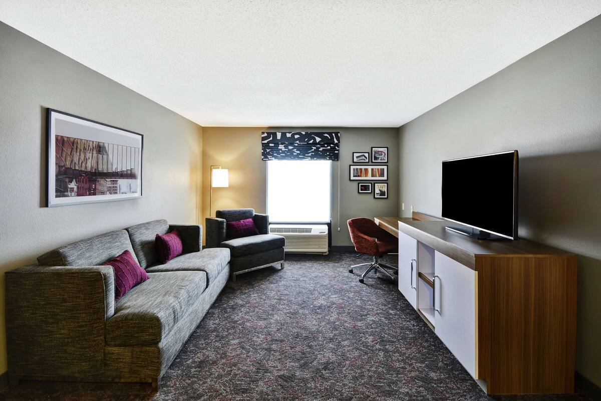 A compact hotel room with a sofa, a desk, a chair, and a TV.