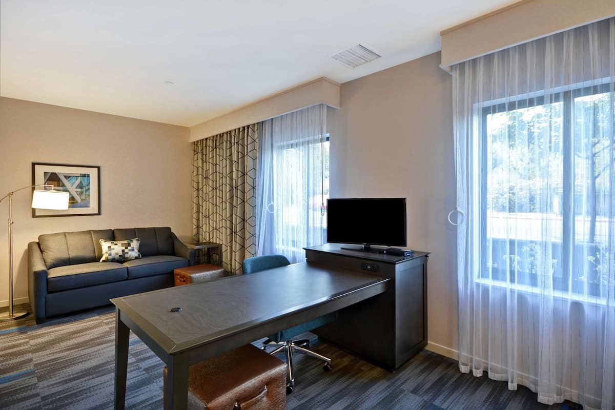 A modern hotel room with a sofa, a desk, a flat-screen TV, and large windows with sheer curtains.