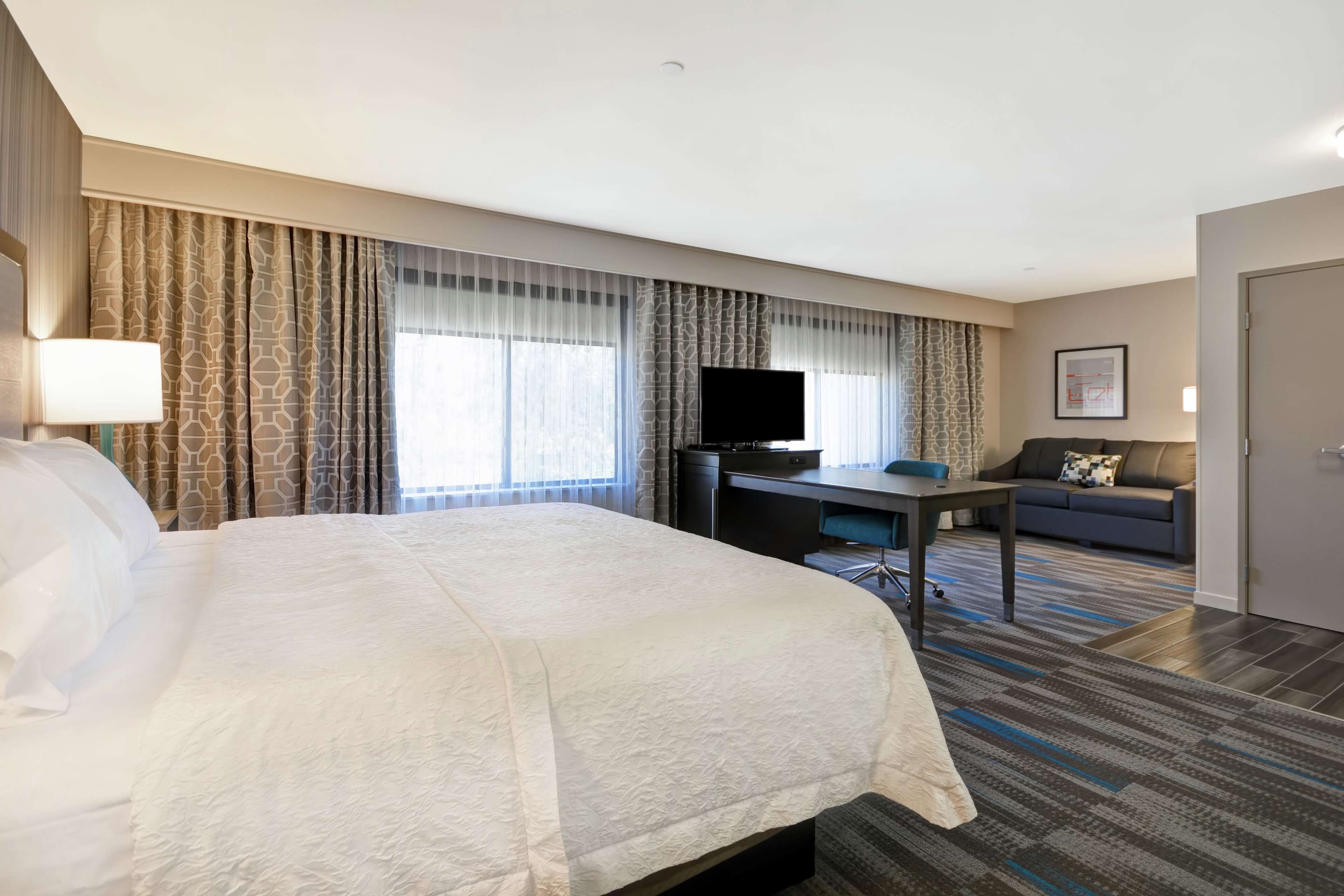 A hotel room with a large bed, a desk with a flat-screen TV, a sofa, and a patterned carpet.
