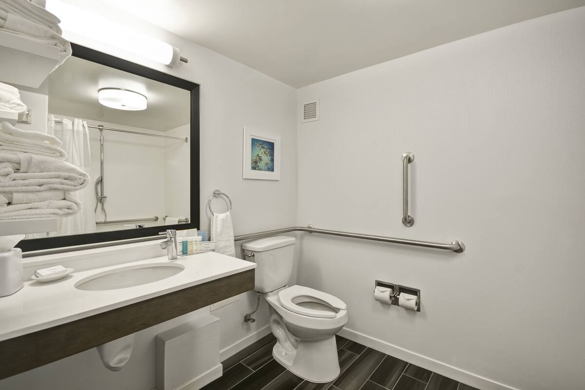 combined shower/bathtub, designer toiletries, hair dryer, towels