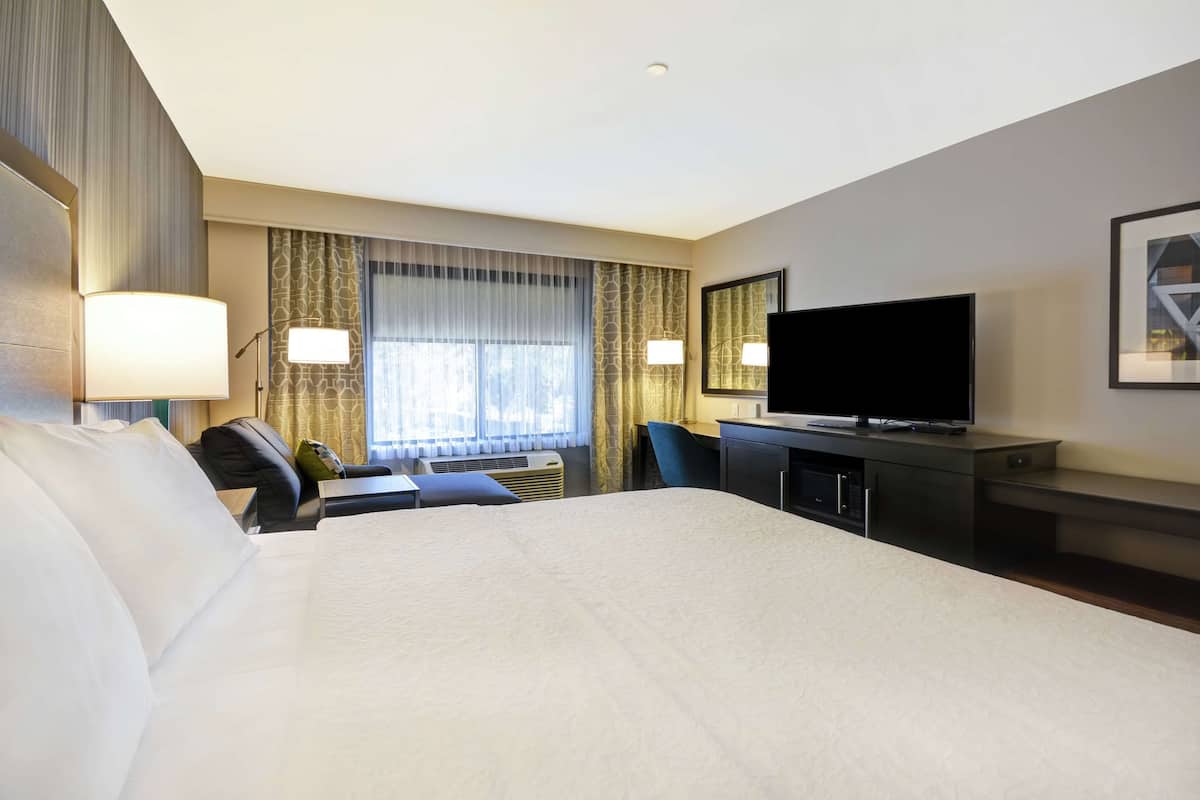 A hotel room with a large bed, a desk with a television, a chair, and a desk lamp.