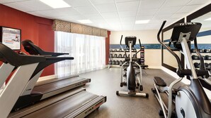 Une salle de sport équipée de tapis de course, de vélos elliptiques et de poids libres.