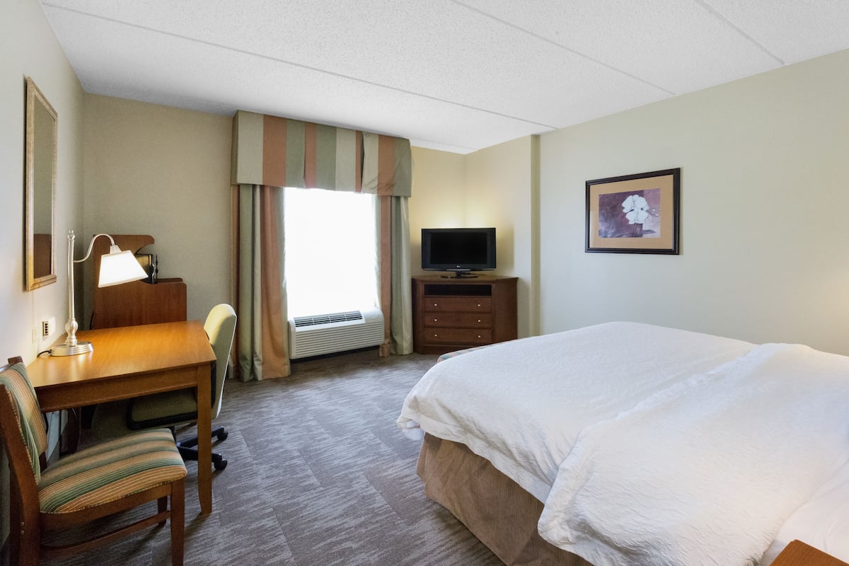 Habitación de hotel con cama, escritorio, silla, televisión y un cuadro en la pared.