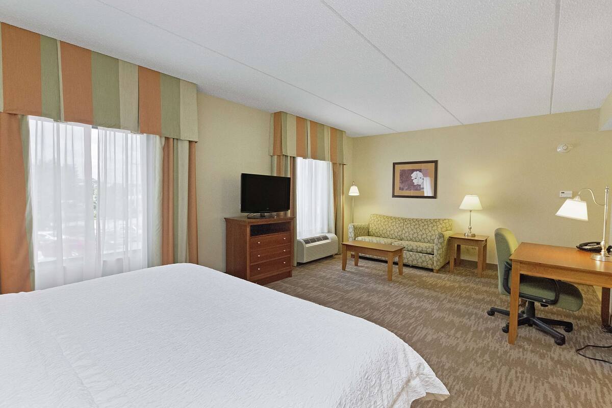 Habitación de hotel con una cama grande, televisión, sofá, escritorio y lámpara.