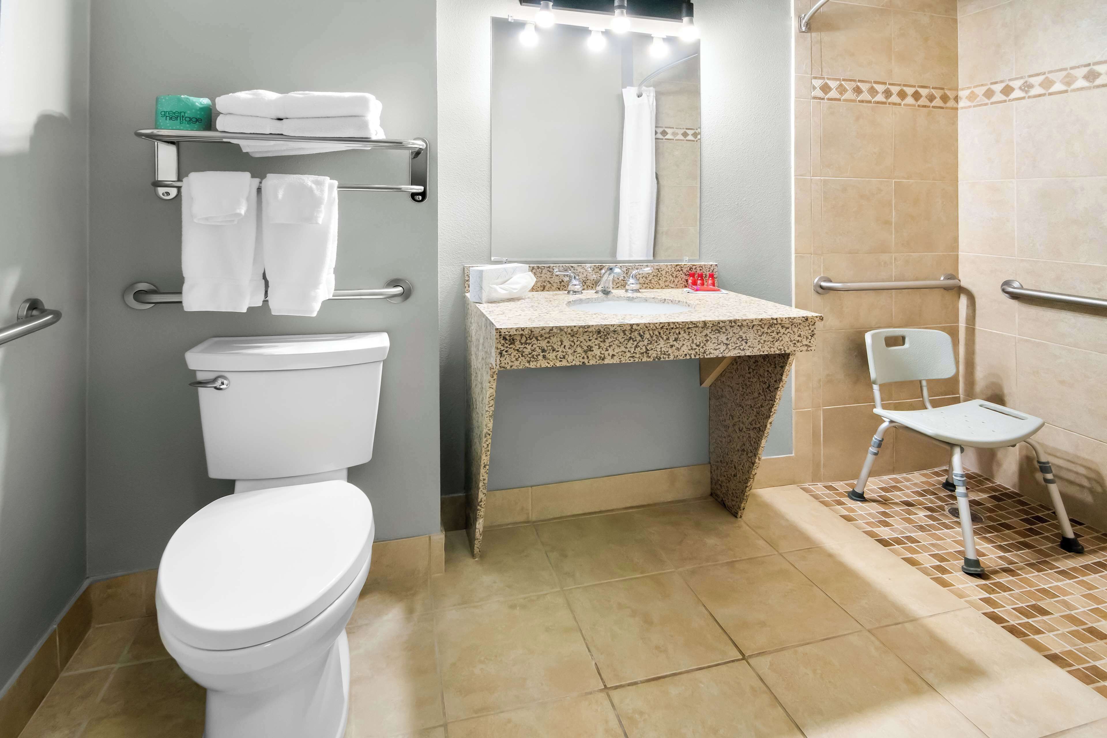 suite, 1 king bed, accessible, refrigerator & microwave (walk-in shower;with sofabed) | bathroom | combined shower/bathtub, towels