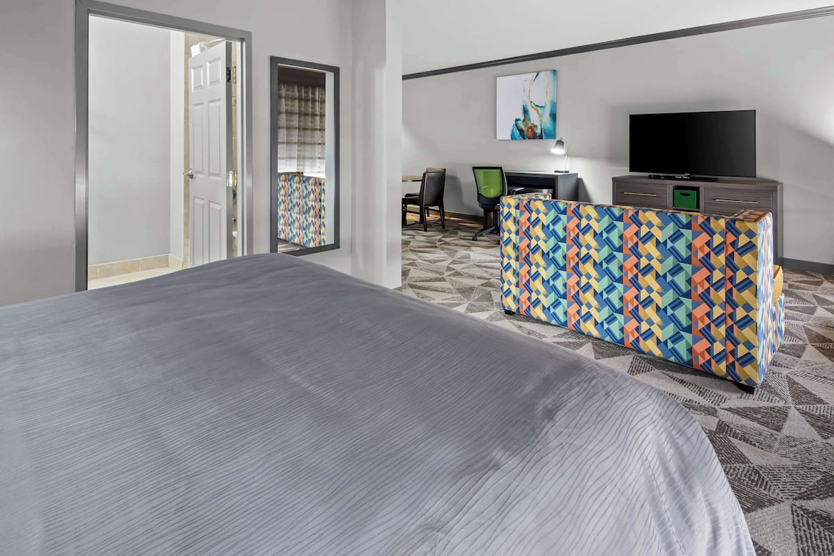 Suite, 1 King Bed, Non Smoking, Refrigerator & Microwave (Dining Table;Larger Room;with Sofabed) | Desk, iron/ironing board, free WiFi, bed sheets