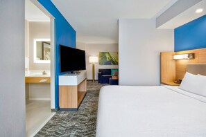 A hotel room with a bed, a TV, a desk, and a bathroom visible through an open door. - Springhill Suites by Marriott Erie (Erie)