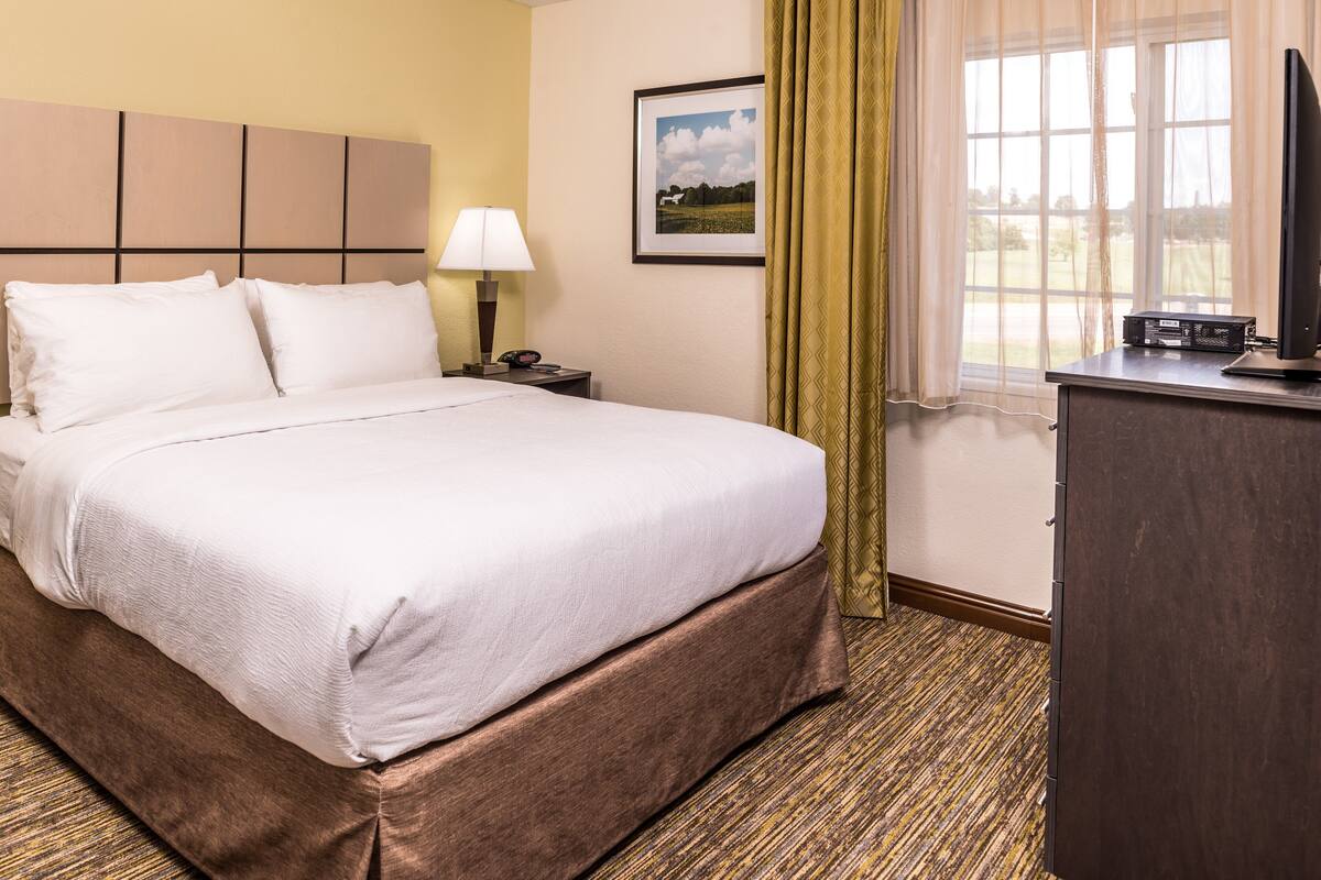 A hotel room with a bed, a nightstand with a lamp, a television, and a window with curtains.