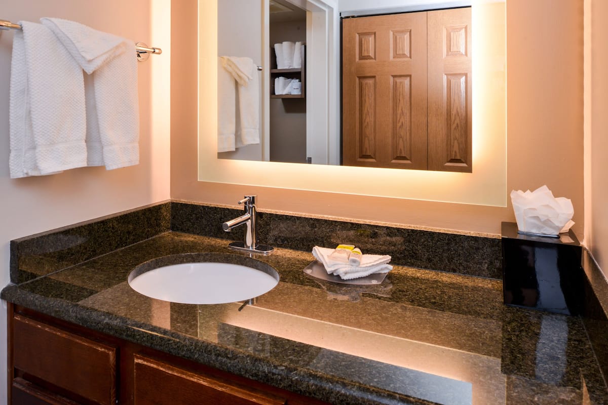 studio suite, 1 queen bed, kitchen | bathroom | hair dryer, towels