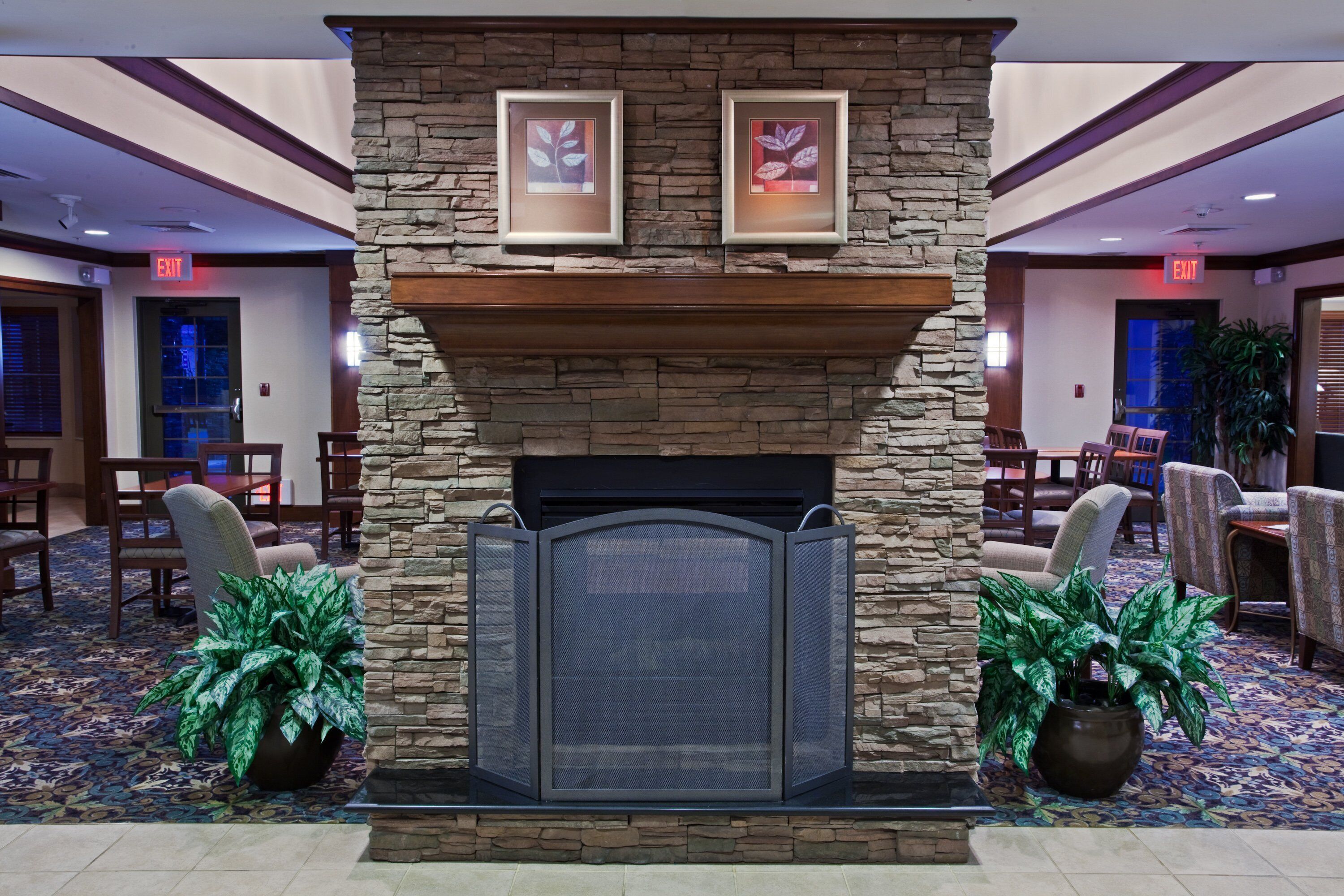 A stone fireplace with a metal screen, flanked by two potted plants, in a room with a patterned carpet and wooden furniture.