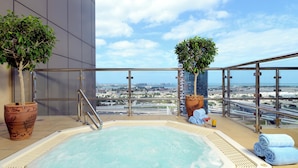 Terraza en la azotea con un jacuzzi, dos plantas en macetas y vistas a la ciudad.