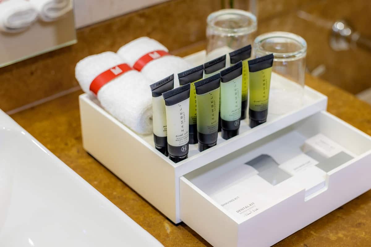 Eco-friendly toiletries, hair dryer, bathrobes, slippers