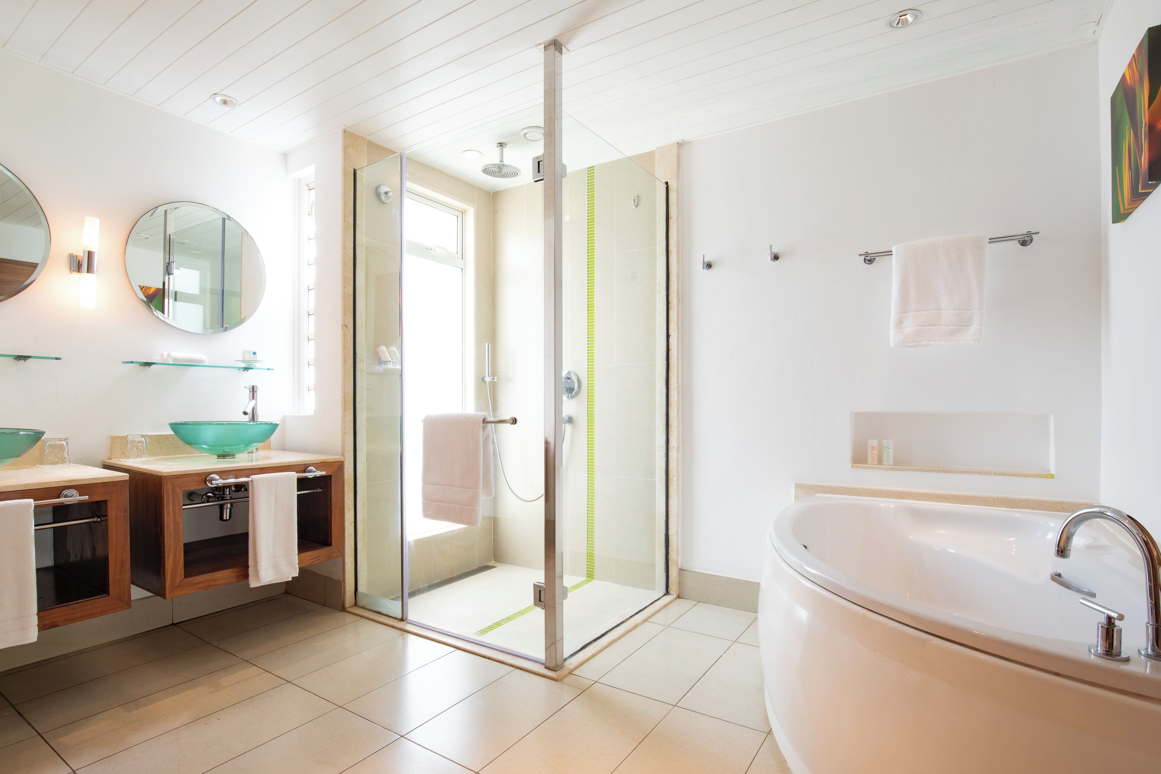 Un baño moderno con ducha envuelta en vidrio, una bañera independiente y un lavabo con un recipiente verde.