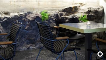 Un espace repas avec des chaises et une table en métal, un mur en pierre et une petite plante.