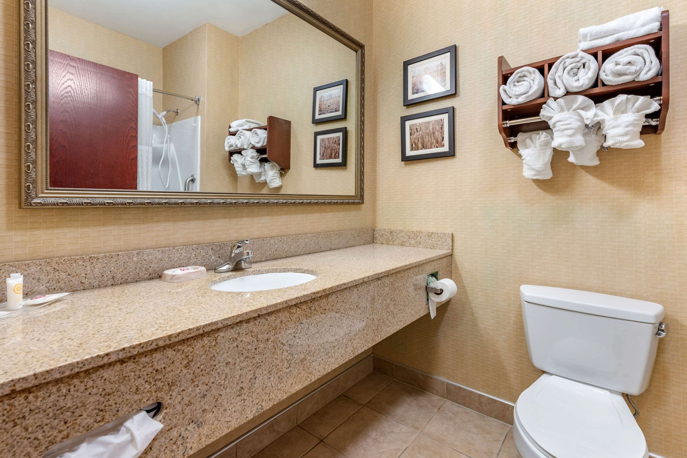 A bathroom with a granite countertop sink, a large mirror, a toilet, and a towel rack with neatly folded towels.