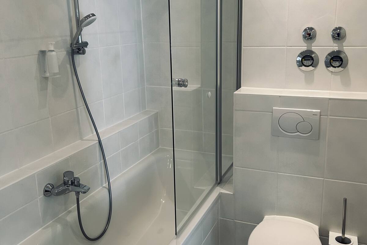 hair dryer, towels, soap