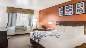 A hotel room with a large bed, a desk, a chair, a lamp, and framed pictures on the wall.