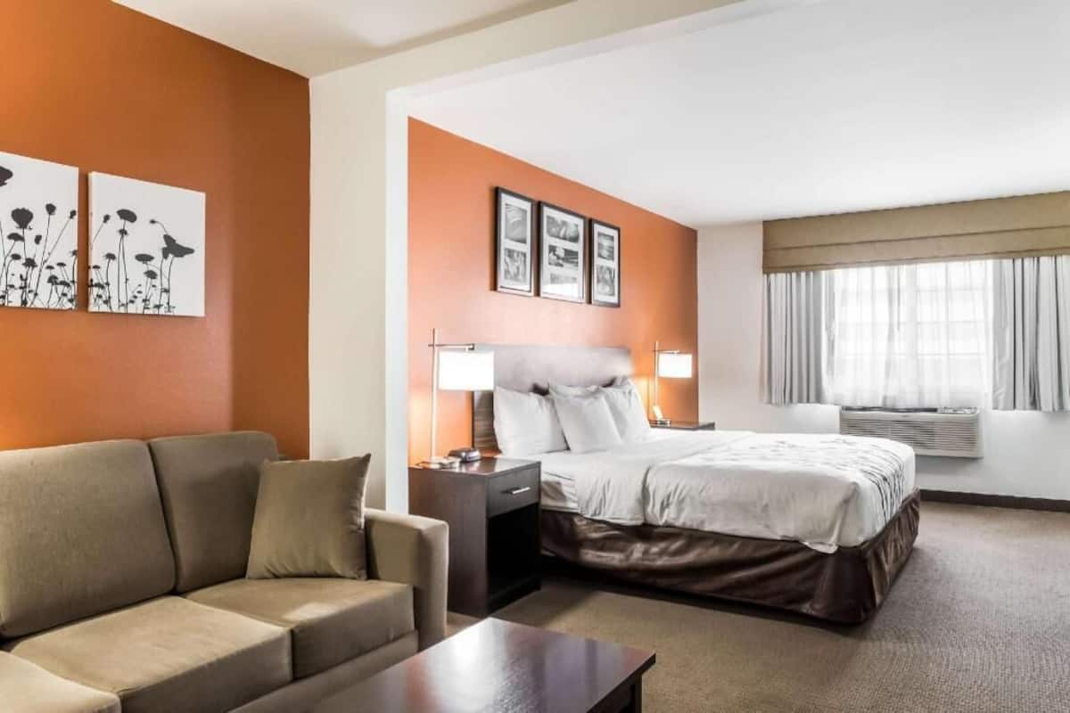 Een hotelkamer met een bed, een bank, een nachtkastje en fotolijsten aan de muur.