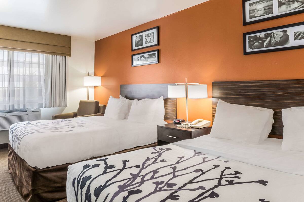 Een hotelkamer met twee bedden, een nachtkastje, een lamp en ingelijste foto's aan de muur.