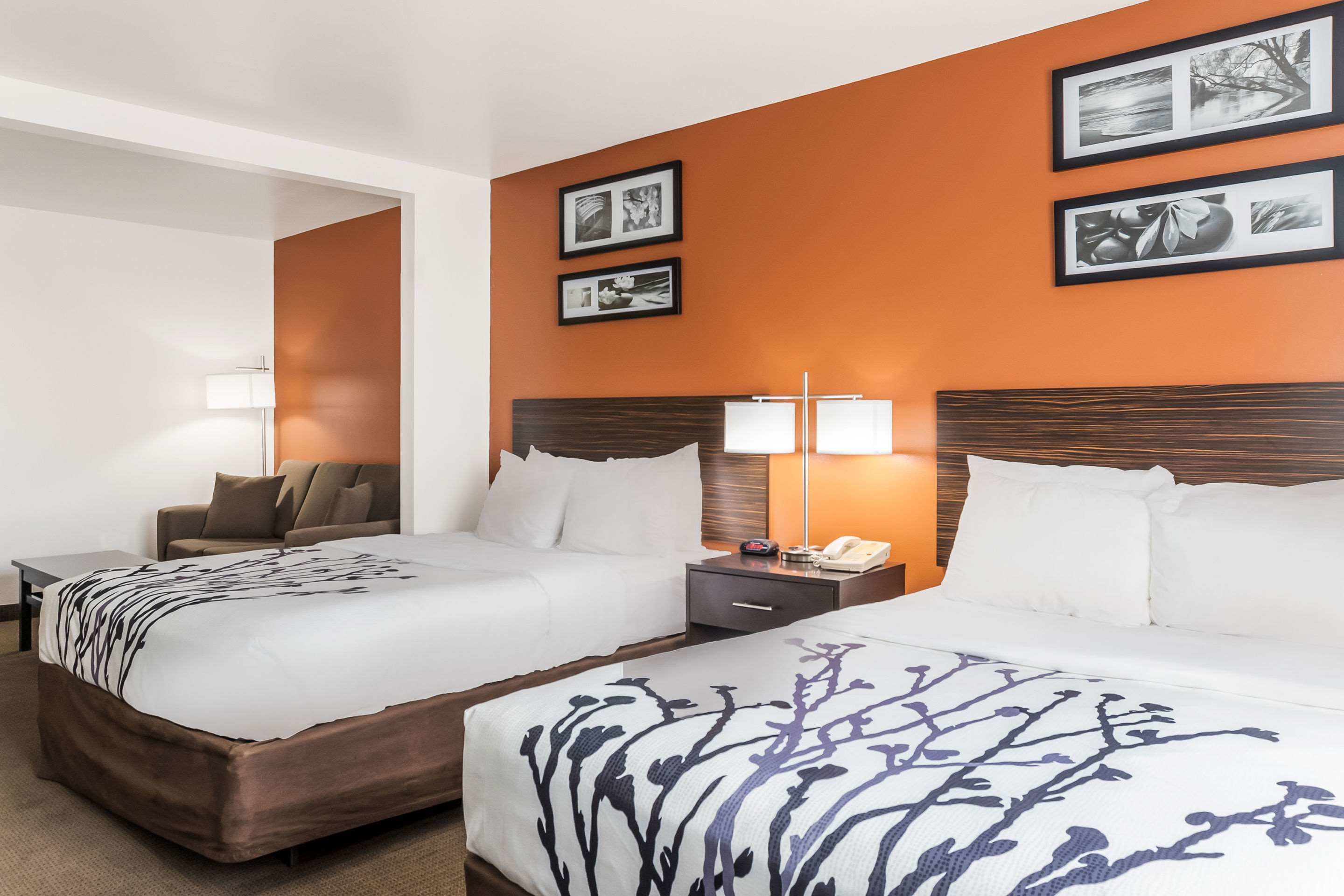 A hotel room with two beds, a nightstand, a lamp, and framed pictures on the wall.