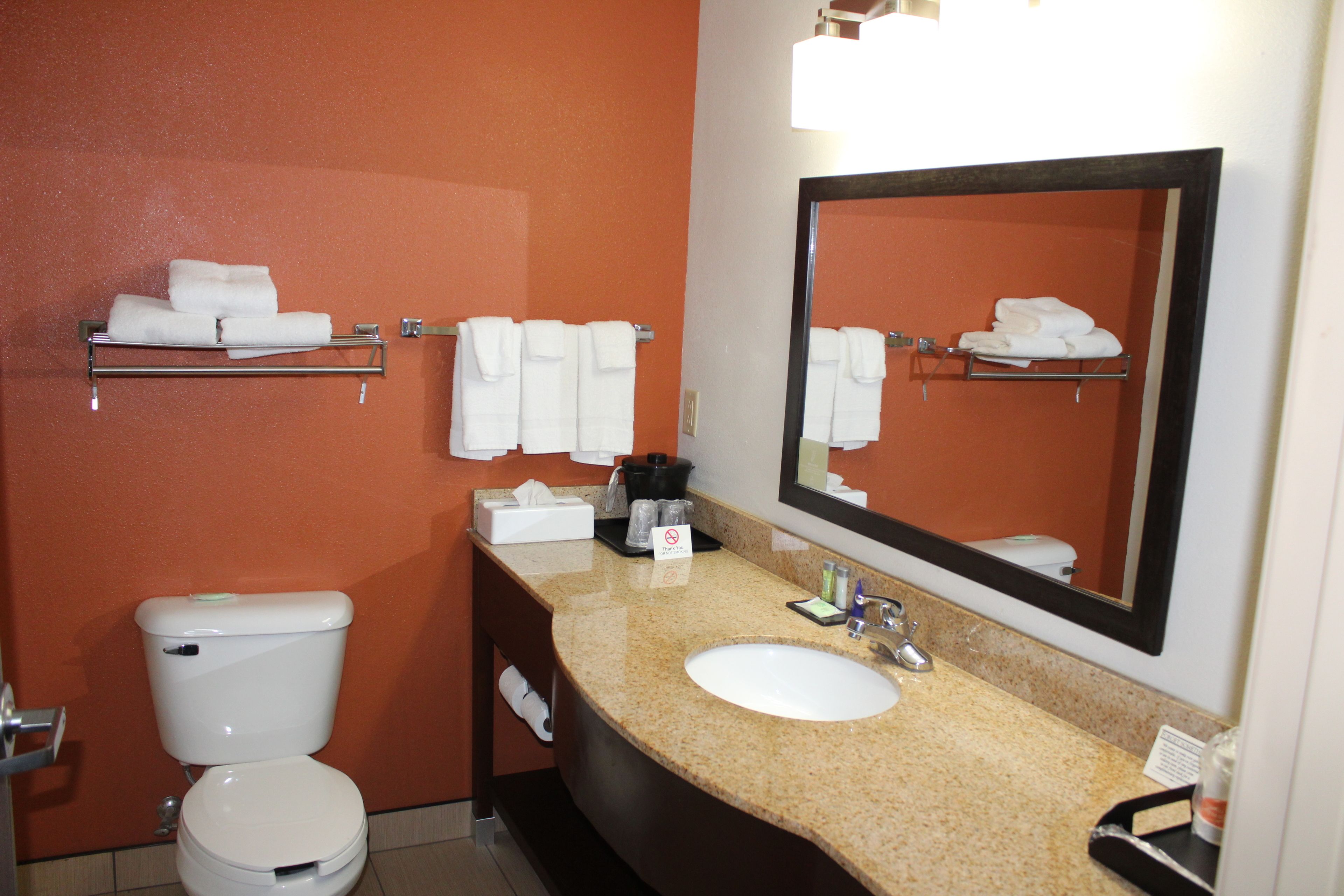 Un baño de hotel con inodoro, lavamanos y toallero.