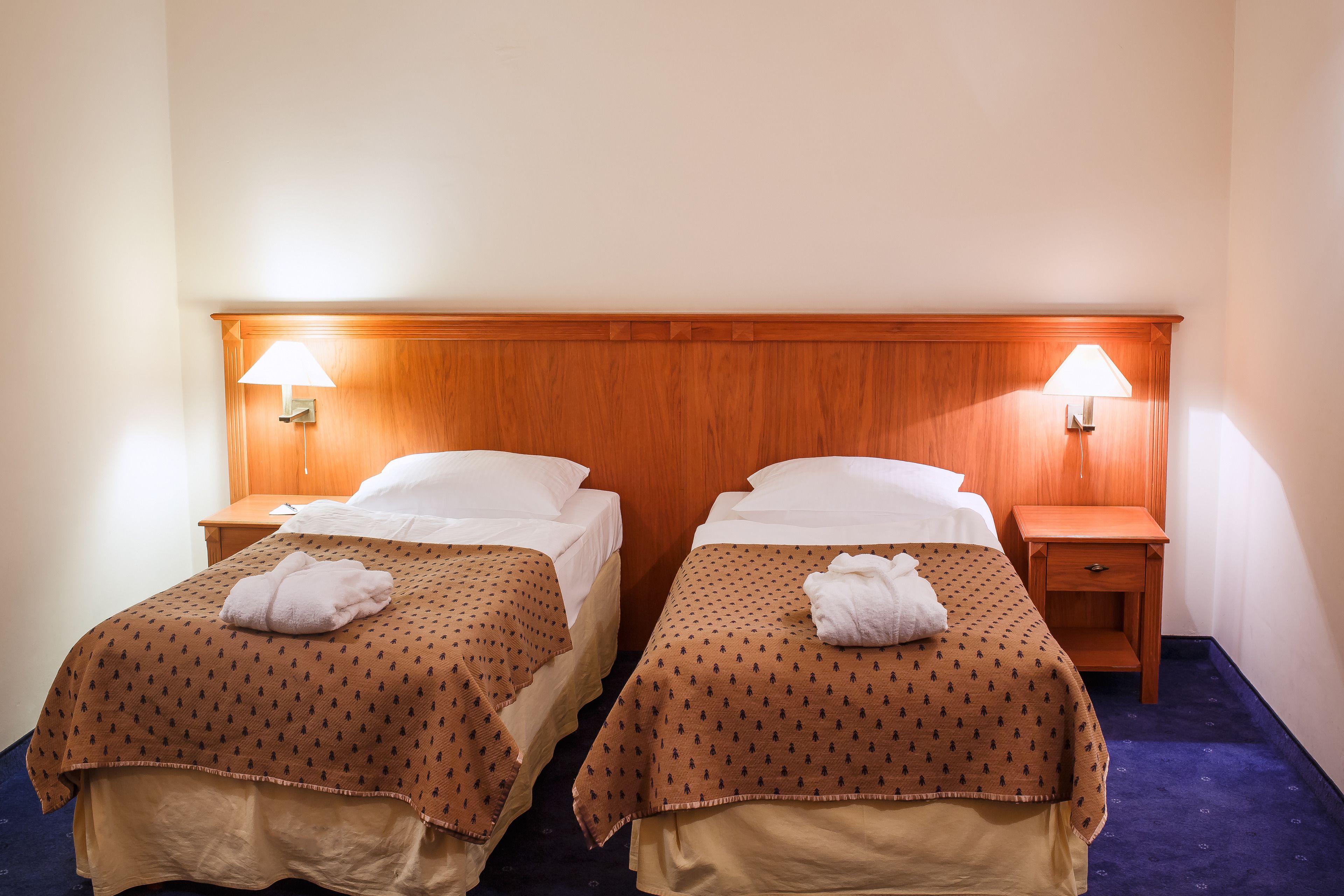 Habitación de hotel con dos camas, cada una con cabecero de madera, ropa blanca y colchas marrones estampadas. Hay dos mesitas de noche con lámparas y un pequeño cajón.