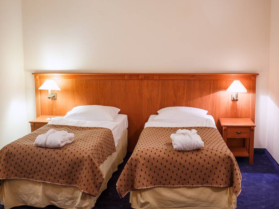 Habitación de hotel con dos camas, cada una con cabecero de madera, ropa blanca y colchas marrones estampadas. Hay dos mesitas de noche con lámparas y un pequeño cajón.
