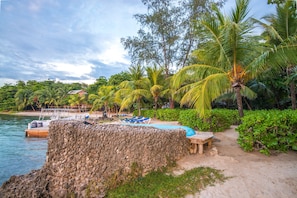 Outdoor pool, pool umbrellas, pool loungers