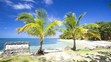 On the beach, white sand, sun loungers, beach umbrellas