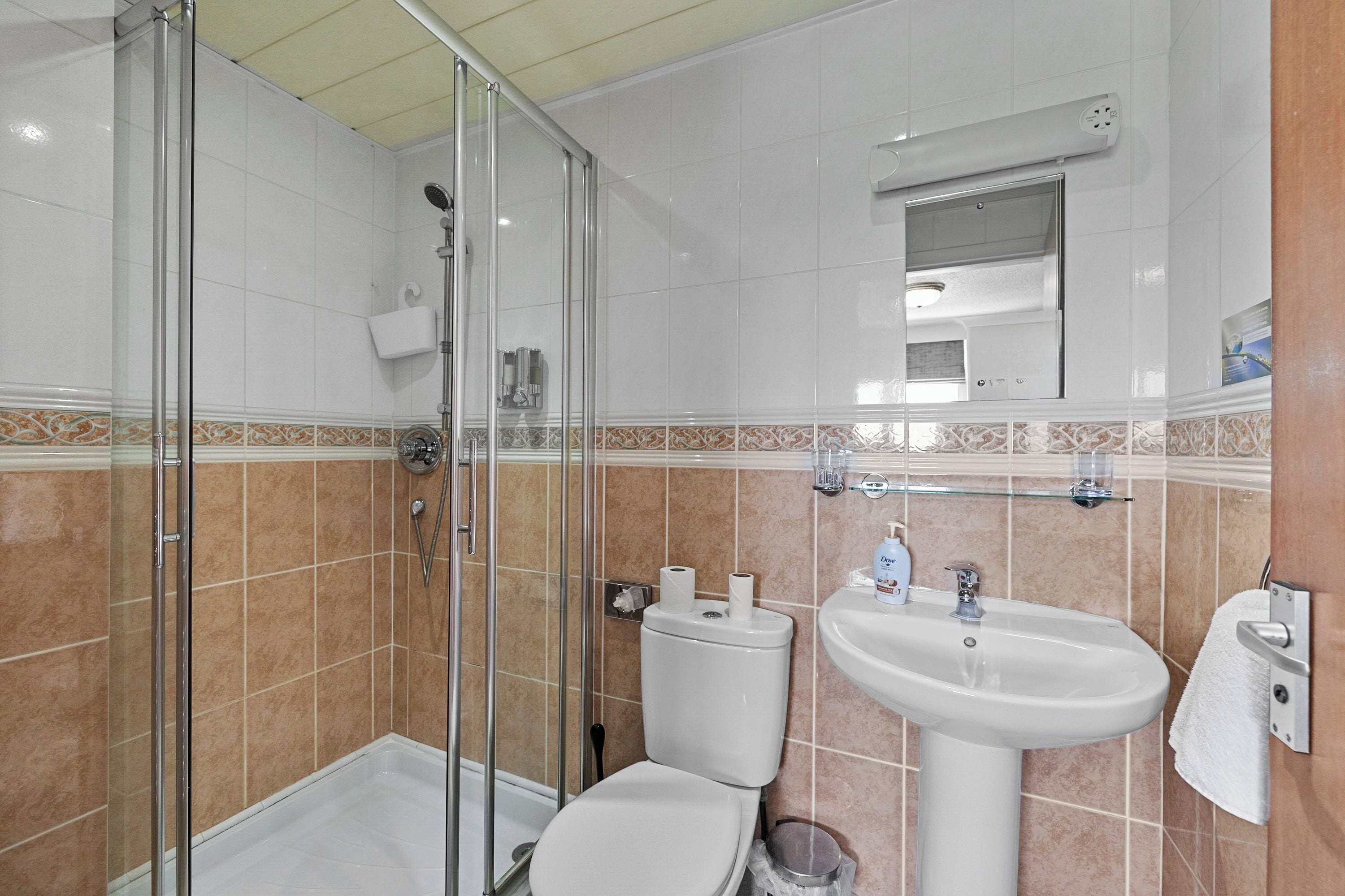 A bathroom with a glass shower enclosure, a white toilet, and a sink with a mirror above it.