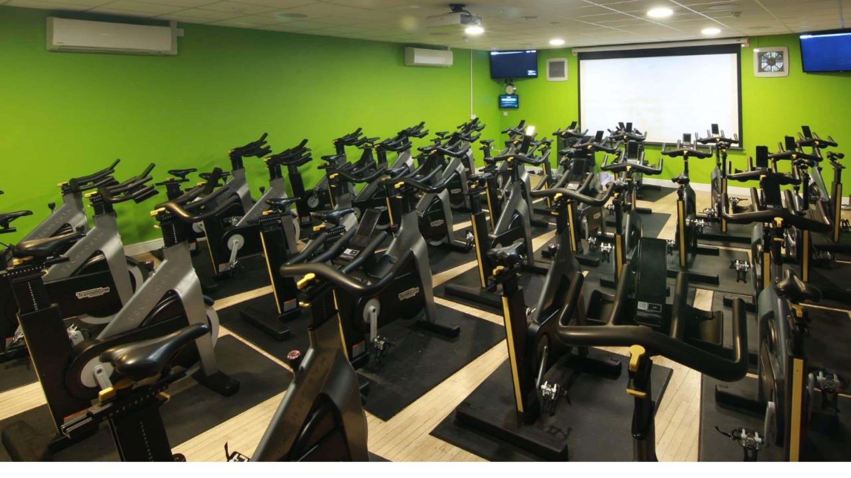 A gym with multiple stationary bikes arranged in rows.