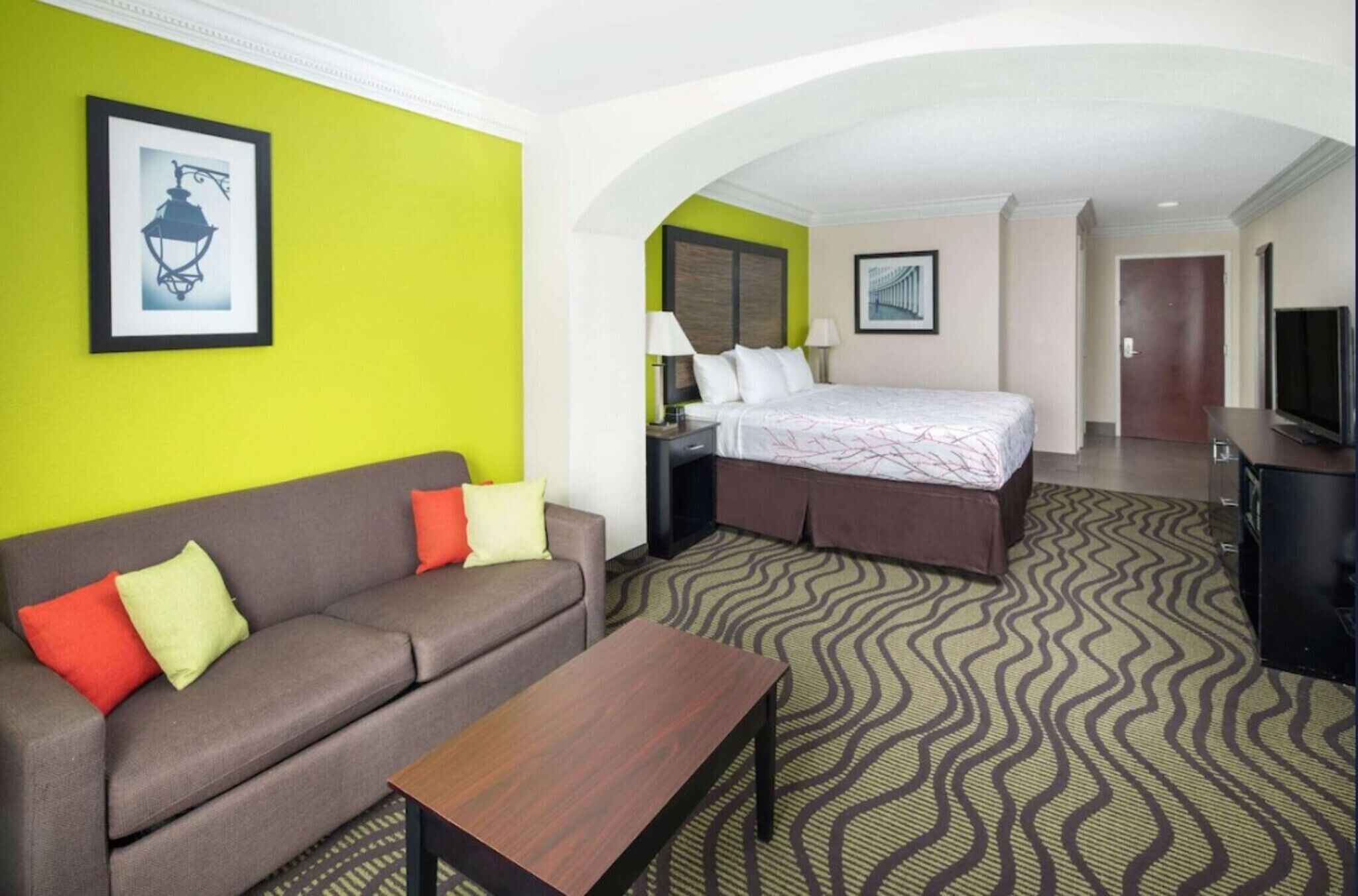 Una habitación de hotel con sofá, cama, televisor y alfombra estampada.