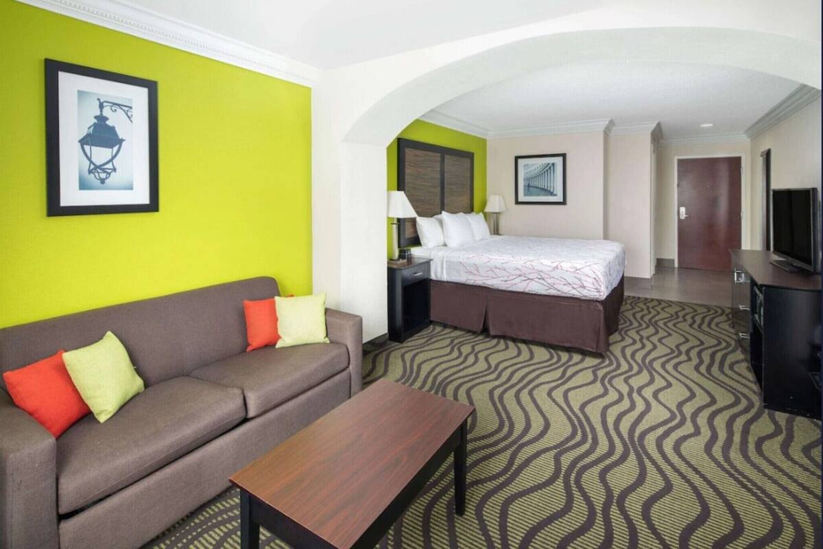 Una habitación de hotel con sofá, cama, televisor y alfombra estampada.