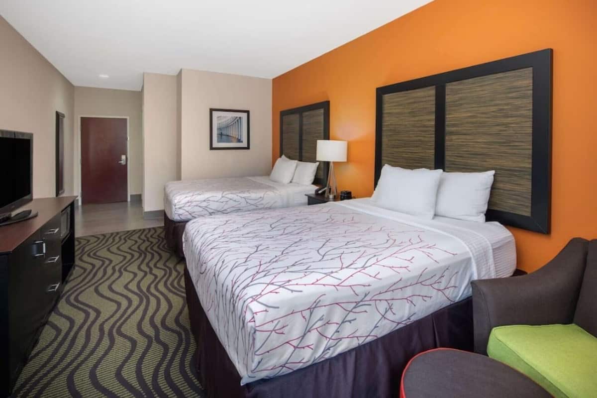 Habitación de hotel con dos camas, televisión, escritorio y alfombra estampada.